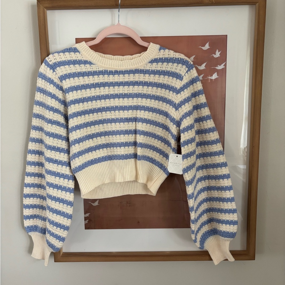 Altar'd State Cropped Crewneck Sweater in Cream and Light Blue Stripes